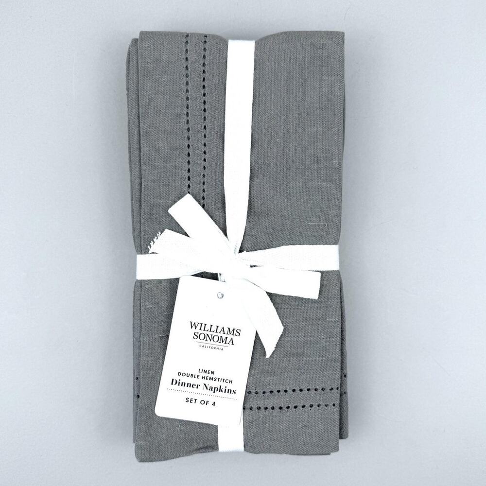 Williams Sonoma Linen Double Hemstitch Napkins Set of 4 Charcoal Gray Dinner New
